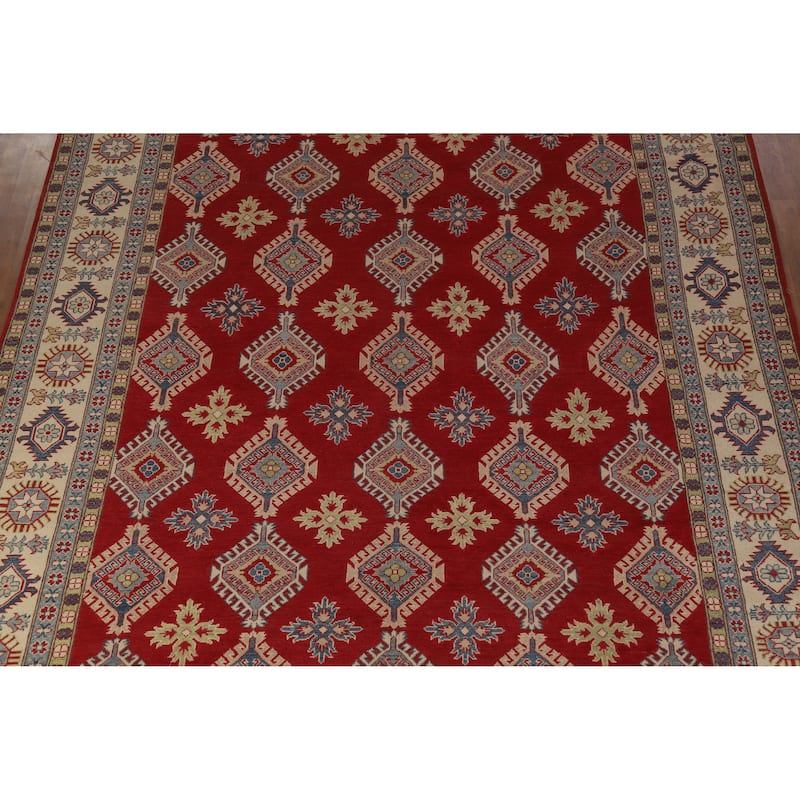 Hand Knotted Oriental 100% Wool Carpet Traditional Geometric Red Kazak Area Rug - 12' 10'' X 9' 6''