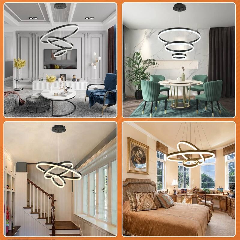 3-Rings Chandelier Modern LED Chandelier Black,Tiered 6 Ring LED Light