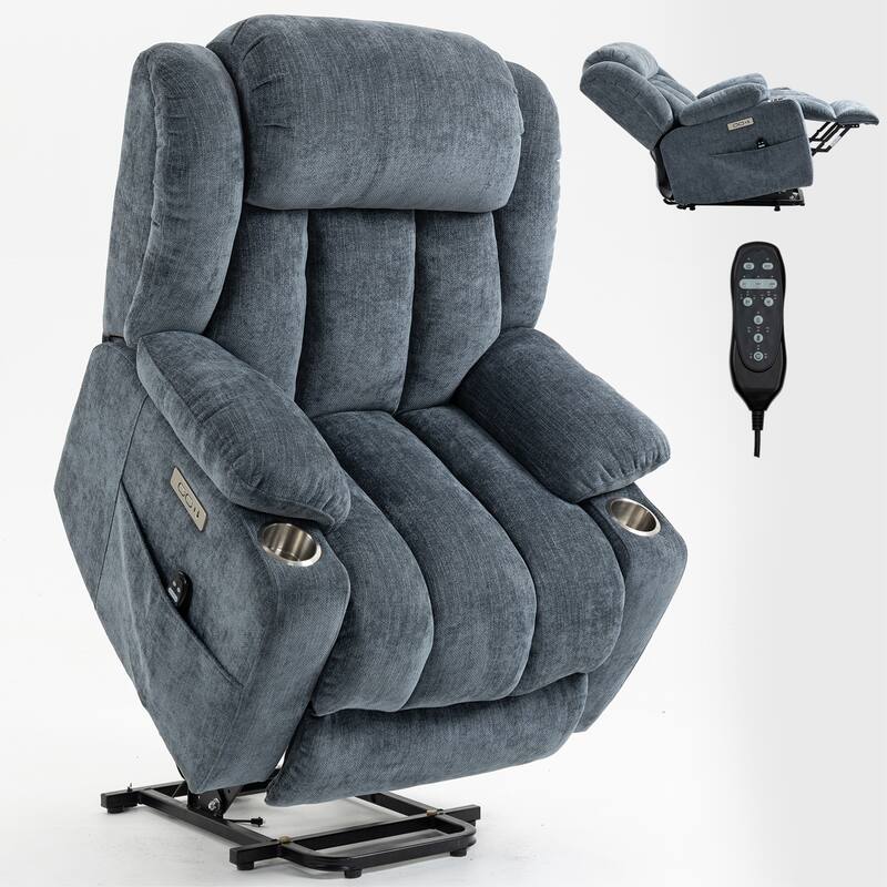 Roomfitters Heavy Duty Power Lift Recliner, Chenille Massage Chair with USB-C Charging and Stainless Cup Holders