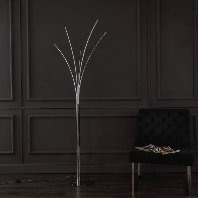 Dante 71" Modern Minimalist Metal 5-Branch Arc Dimmable Integrated LED Floor Lamp with Remote Control, Chrome, by JONATHAN Y