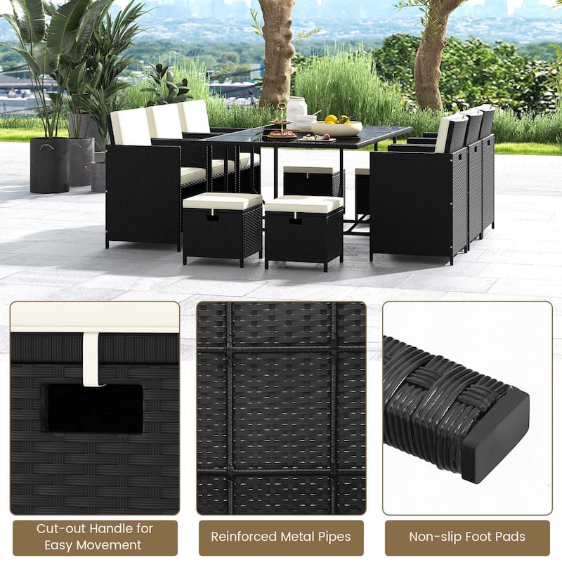 11PCS Patio Dining Set Wicker Chairs & Dining Table Set w/ Ottomans