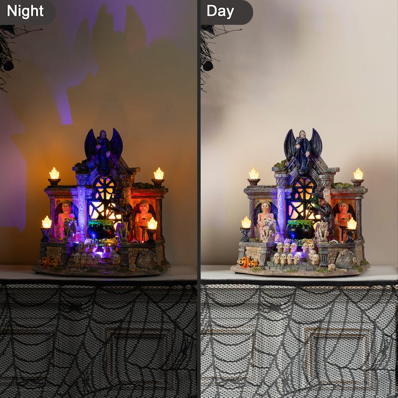Glitzhome 9.75"H Lighted Resin Halloween Haunted House Table Village Decor