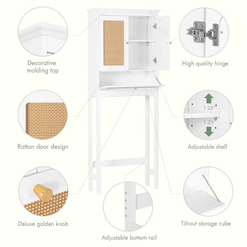 COSTARS Rattan Over-Toilet Cabinet with Tilt-Out Cube & Adjustable Shelf