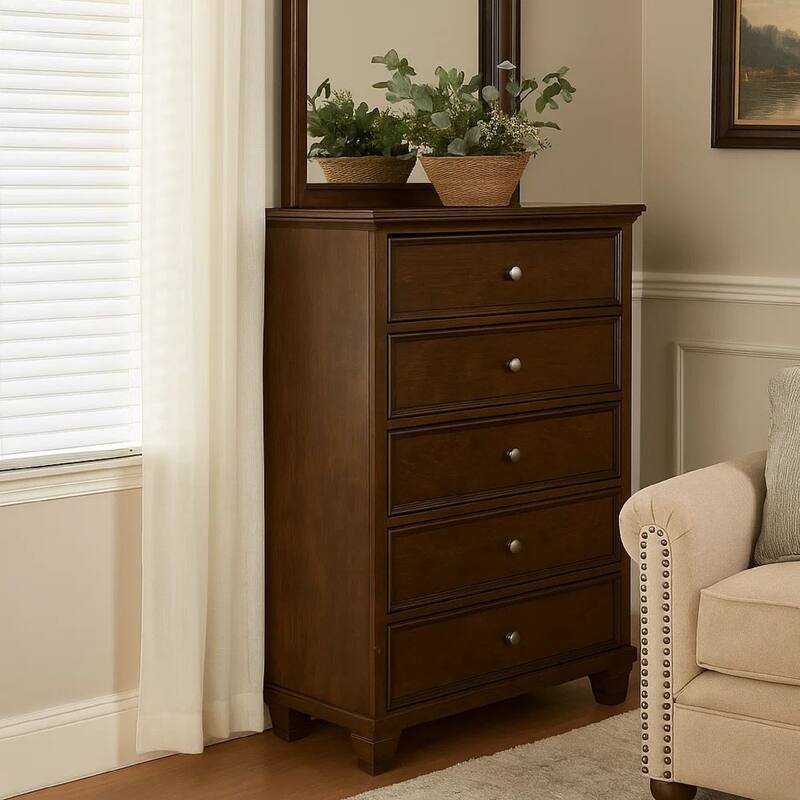 Reno Tall Dresser Chest, 5 Drawer Nickel Round Knobs, Brown Solid Wood