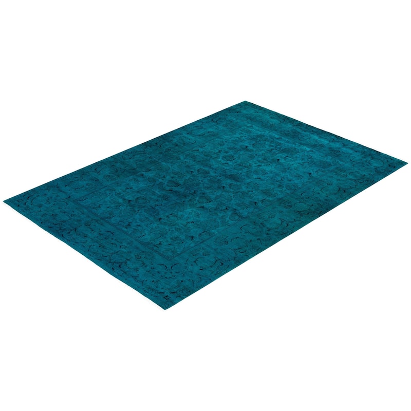 Overton Hand Knotted Wool Vintage Inspired Modern Contemporary Overdyed Blue Area Rug - 6' 2" x 9' 2"