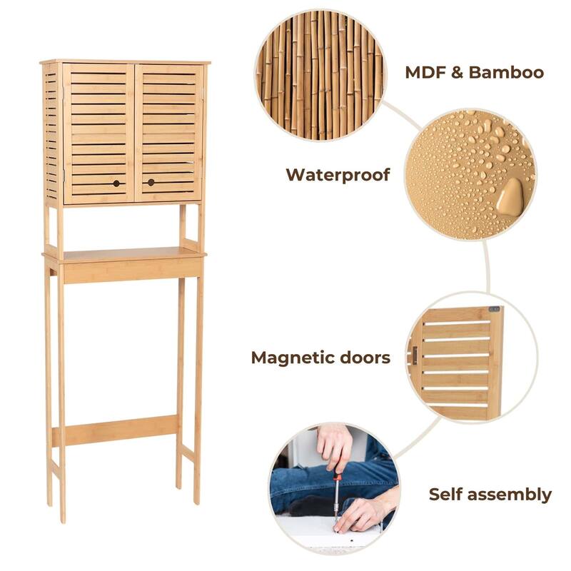 Over The Toilet Storage Cabinet with Double Vented Doors and Open Shelf, Natural - Trinidad Collection