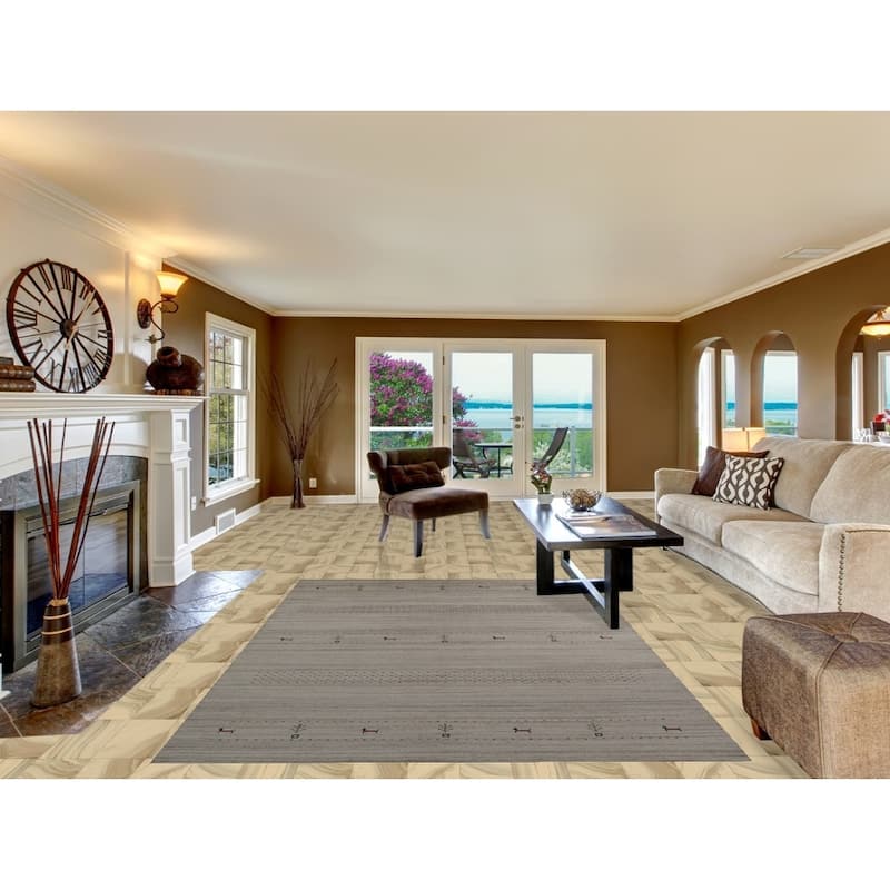 Hand Knotted Oriental 100% Wool Carpet Tribal Animal Pictorial Beige & Ivories Gabbeh Area Rug - 8' 10'' X 6' 1''