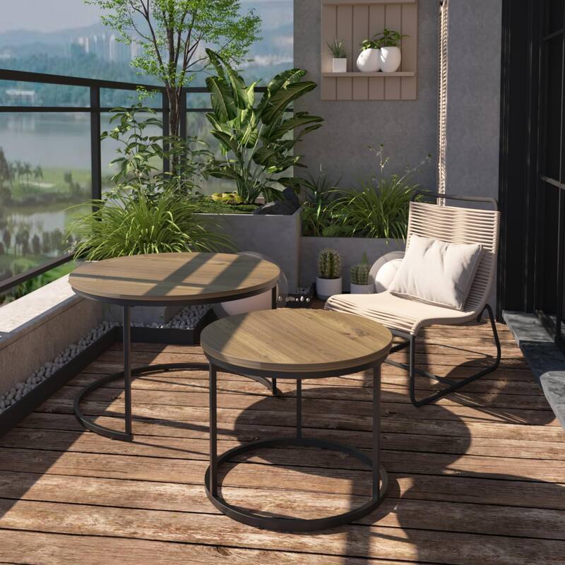 Anmytek Round Nesting Coffee Table Set 2 Piece Wood and Metal Side Tables for Living Room