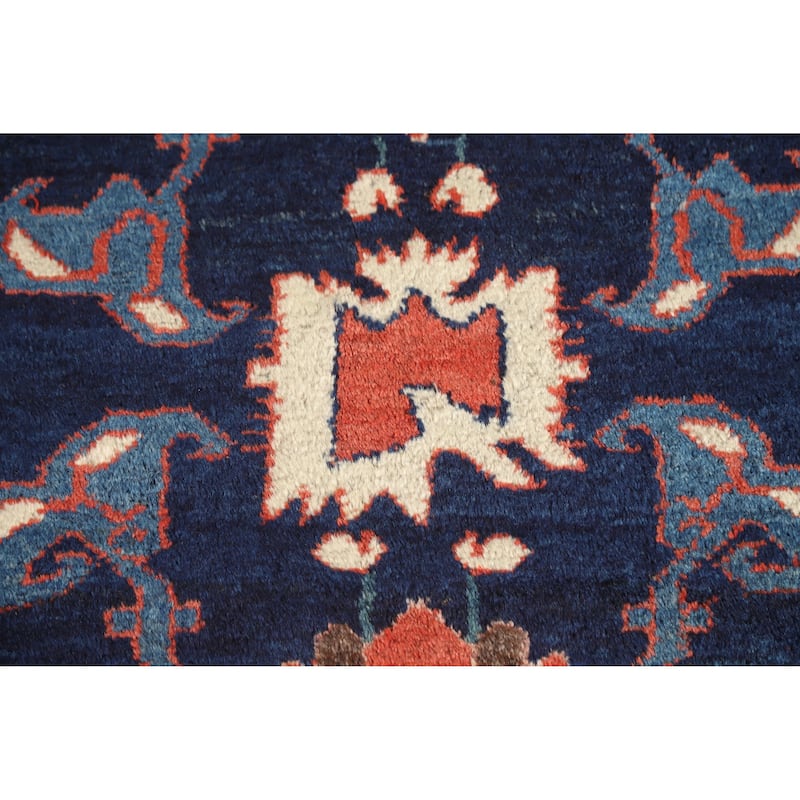 Hand Knotted Oriental 100% Wool Carpet Traditional Floral Navy Blue & Blues Heriz Runner Rug - 14' 9'' X 3' 9''