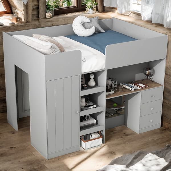 slide 2 of 12, Beige Full Size Loft Bed with Wardrobe, Desk, and Storage Grey