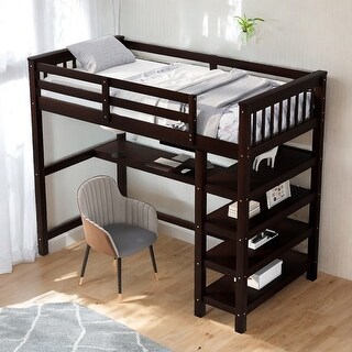 Industrial Modern Twin Size Loft Bed with Storage Shelves and Under-bed Desk, Sturdy Construction & Safety Guaranteed, Black