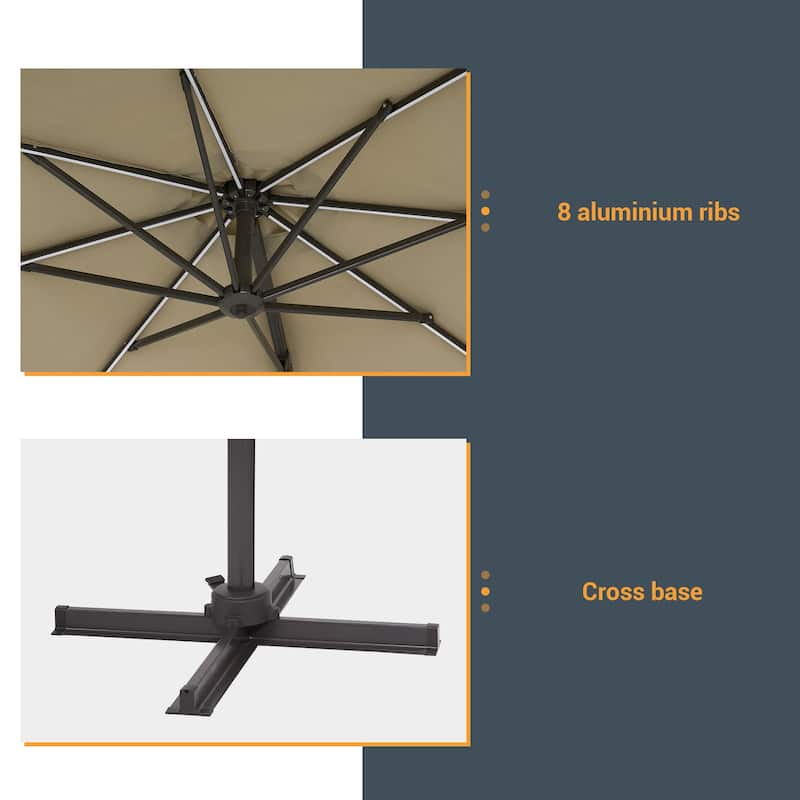 BONOSUKI 10Ft LED Patio Cantilever Offset Umbrella With Cross Base