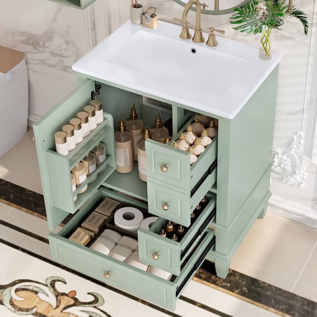 24" Bathroom Vanity with Sink and Drawers, Green Freestanding Vanity Cabinet with Ceramic Top and Storage Shelves