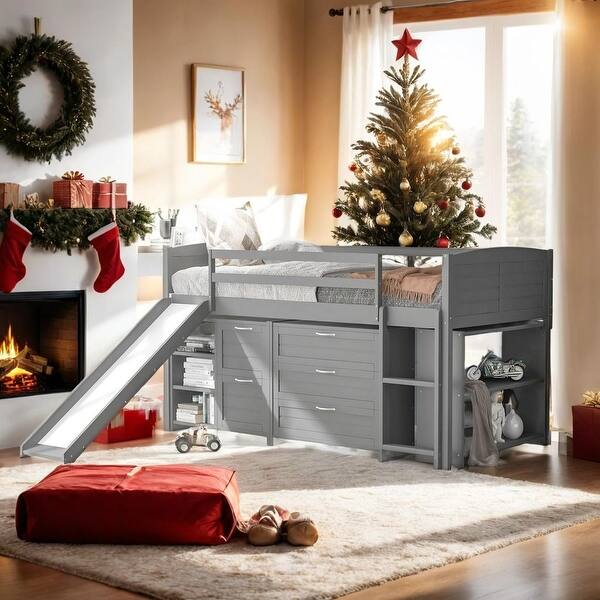 slide 2 of 19, Low Twin Size Loft Bed with Cabinets, Shelves and Slide, Grey Grey