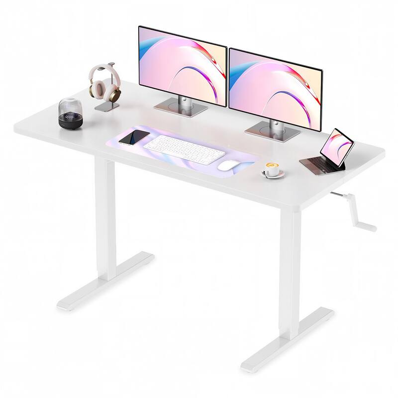 Crank Adjustable Desk, 35" Sit to Stand Manual Height Desk, Home Office Writing Table with Steel Frame - White