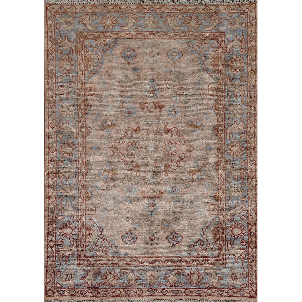 Hand Knotted Oriental 100% Wool Carpet Transitional Geometric Peach Oushak Area Rug - 3' 10'' X 2' 9''