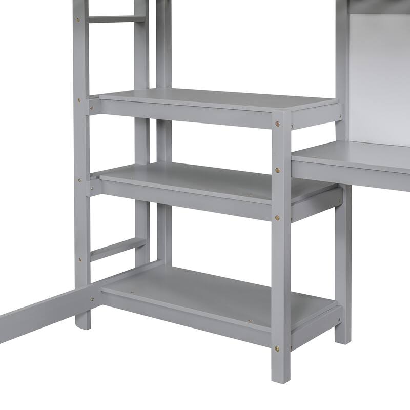 Space-Saving Twin Loft Bed with Study Desk, Shelves, and Guardrails