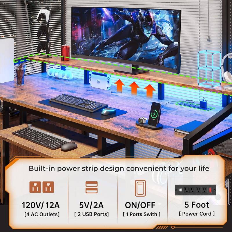 LED Computer Desk With Lock Drawers Keyboard Tray Power Outlet