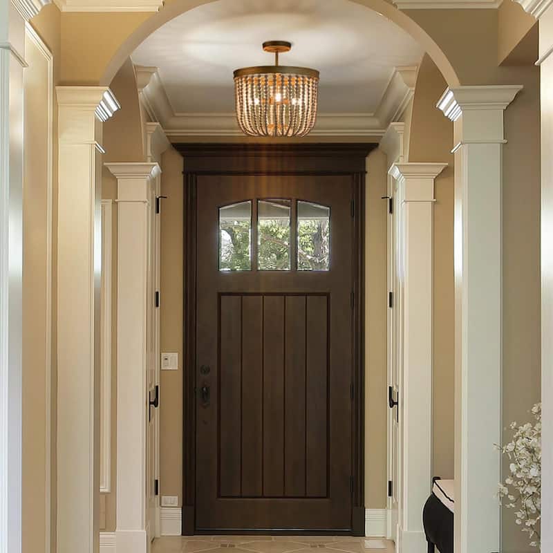 Boho Glam Gold Drum Chandelier 4-light Dimmable Distressed Wood Beaded Semi-flush Mount for Foyer - D 14" * H 15.7" - D 14" * H 15.7" - White