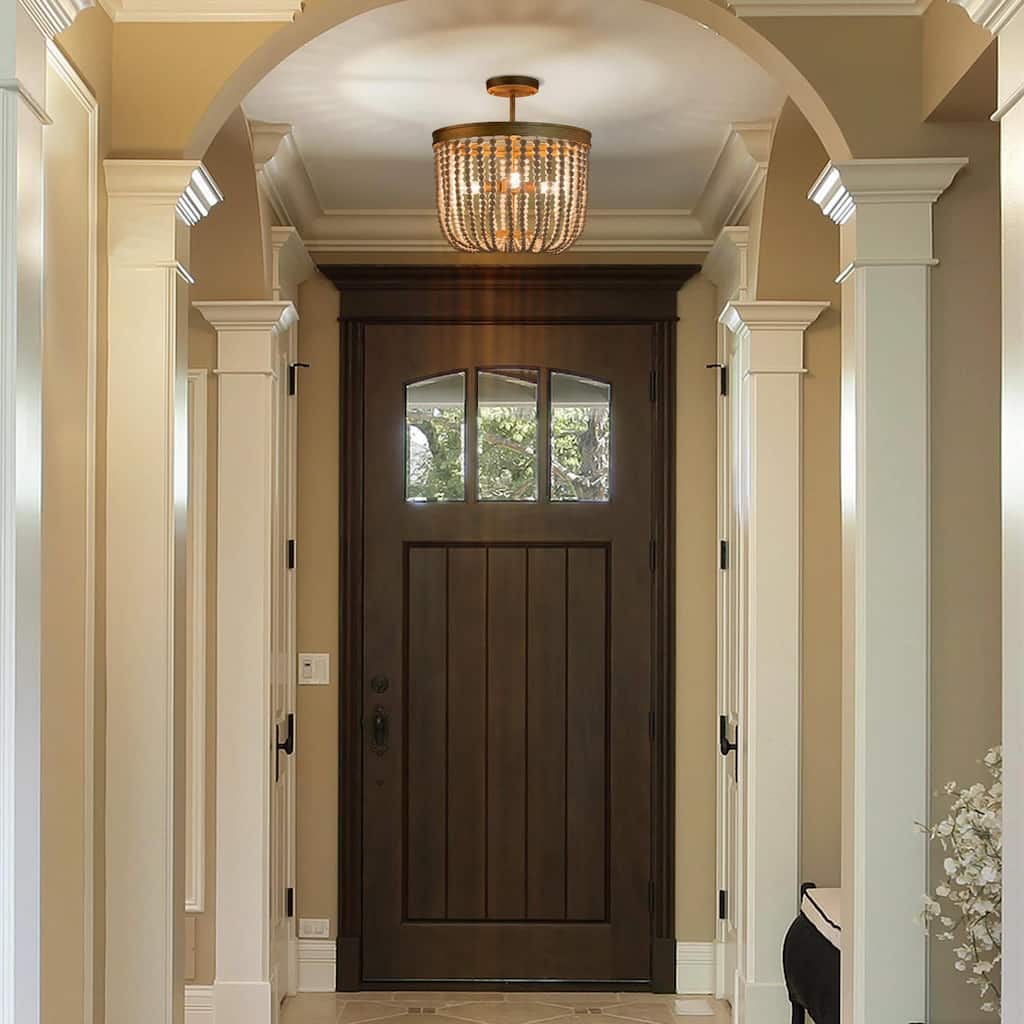 Boho Glam Gold Drum Chandelier 4-light Dimmable Distressed Wood Beaded Semi-flush Mount for Foyer - D 14" * H 15.7"