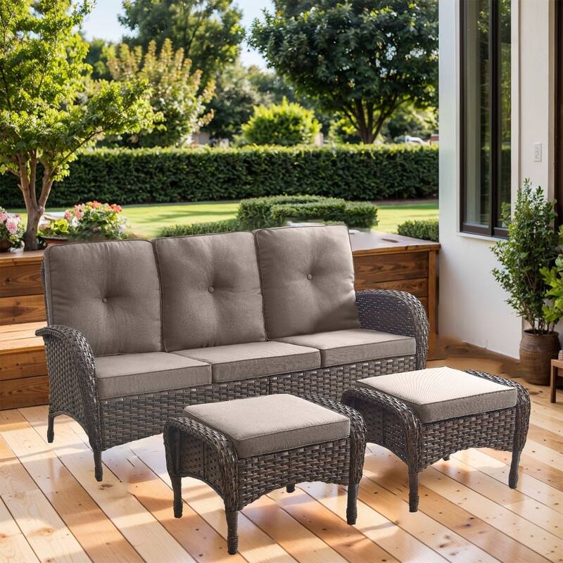 Gymojoy 3-Piece Outdoor Wicker Patio Furniture with 3 Seat Sofa, Rattan Coversation Set with Water Resistant Cushions - Brown Wicker / Grey Cusion - 3-Piece