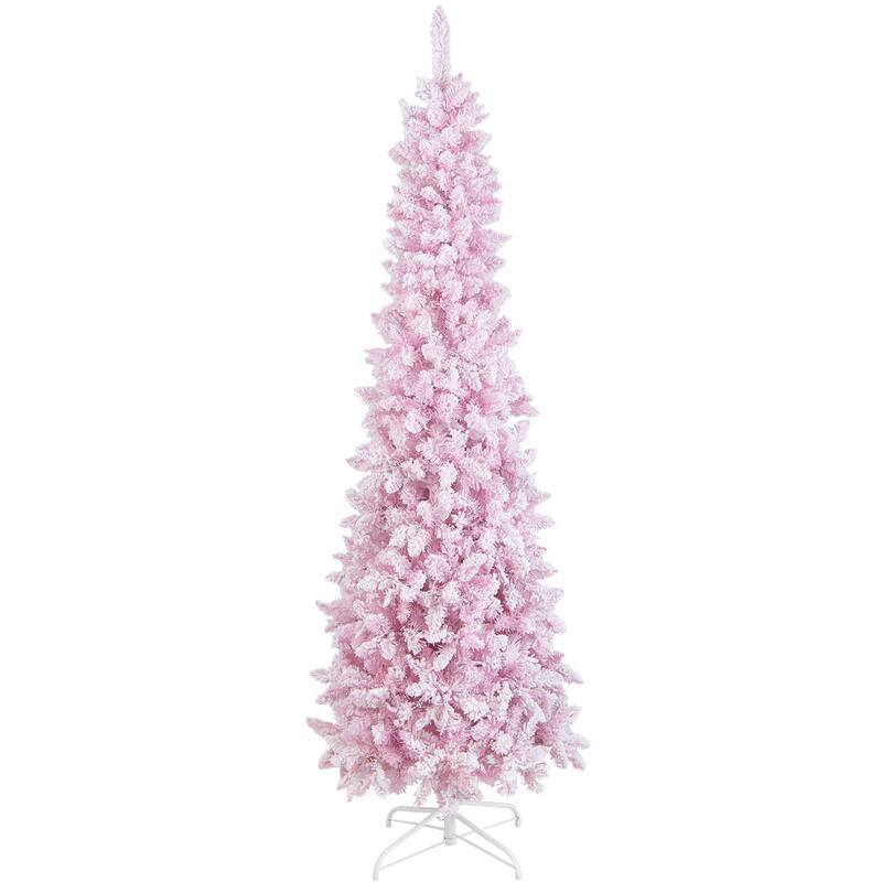 Gymax 7FT Pre-Lit Flocked Christmas Pencil Snow Tree Holiday Decor