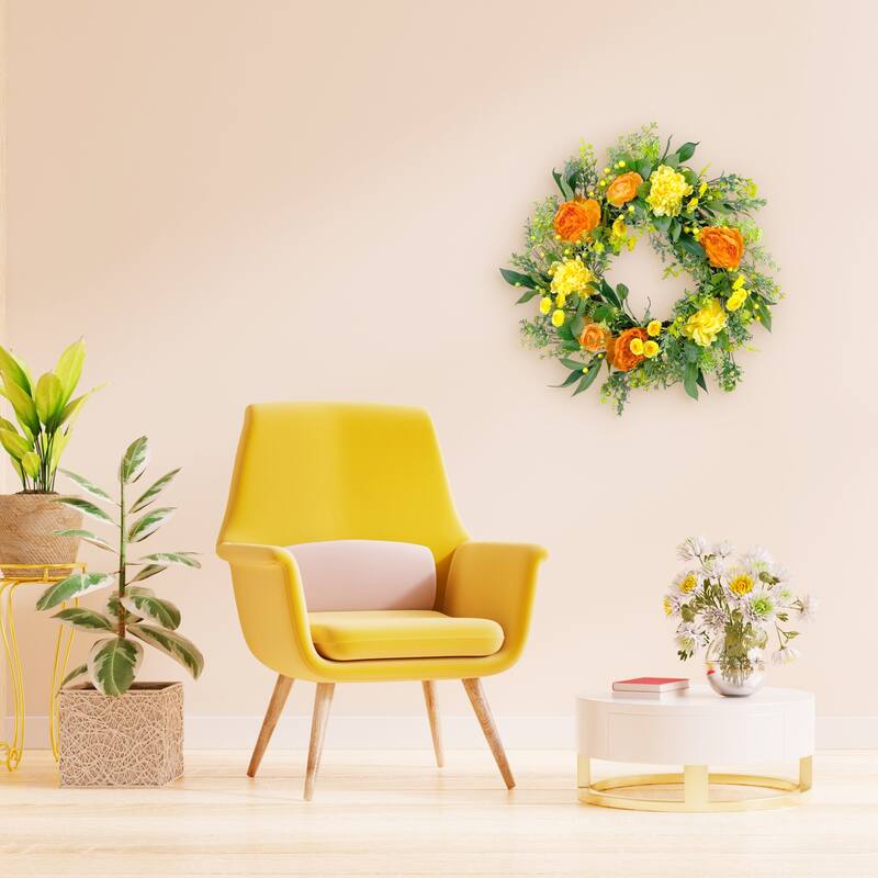 Peony Floral Artificial Spring Wreath - 24" - Yellow