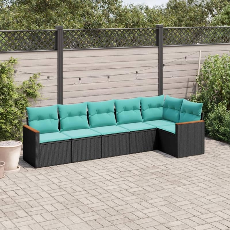 vidaXL 6 Piece Patio Sofa Set with Cushions Black Poly Rattan - 113.9x27.2x70.5 - Without table