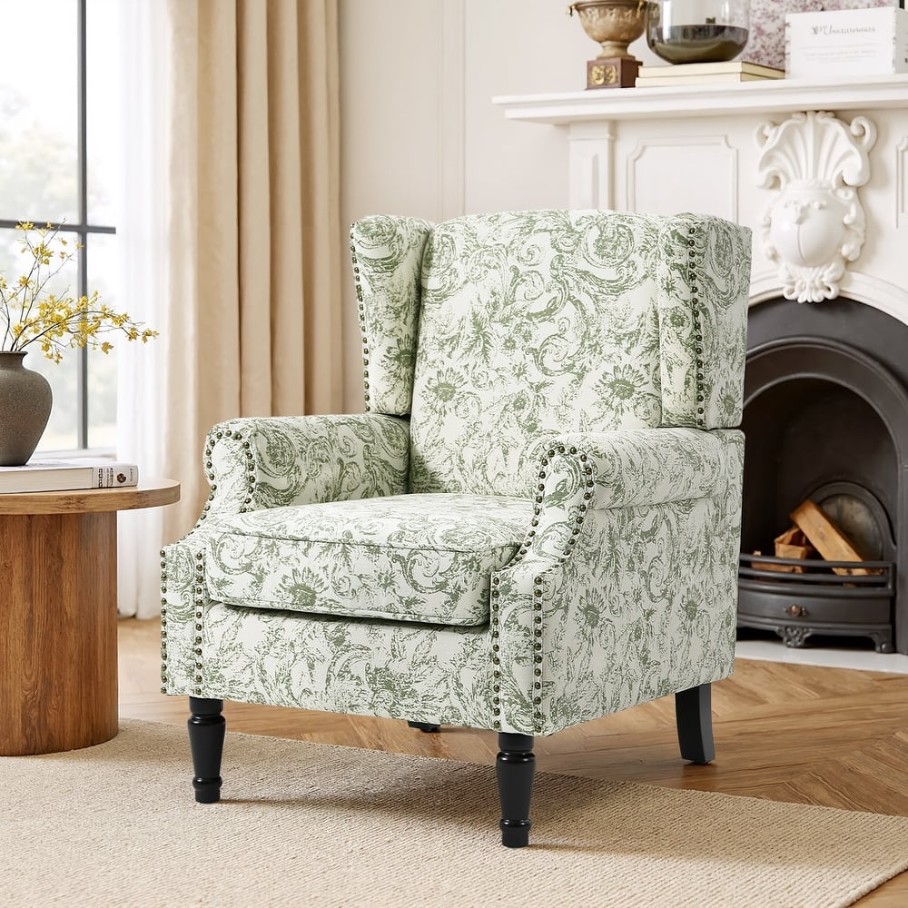 Traditional Floral Patterned Wingback Armchair with Nailhead Trim