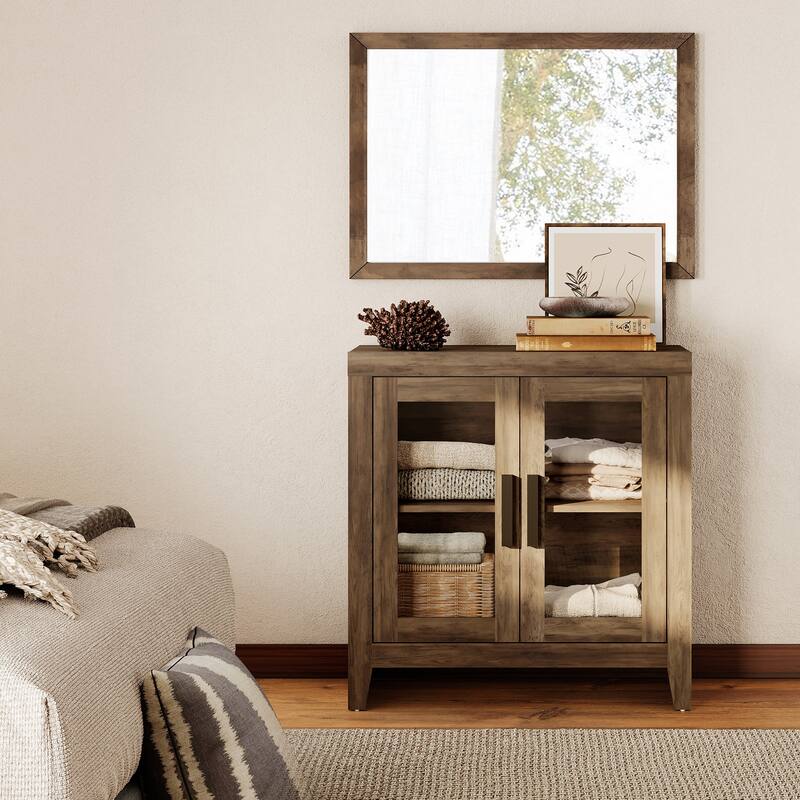 WAMPAT Modern Farmhouse TV Stand, Entertainment Center with Tempered Glass Doors & Adjustable Shelves