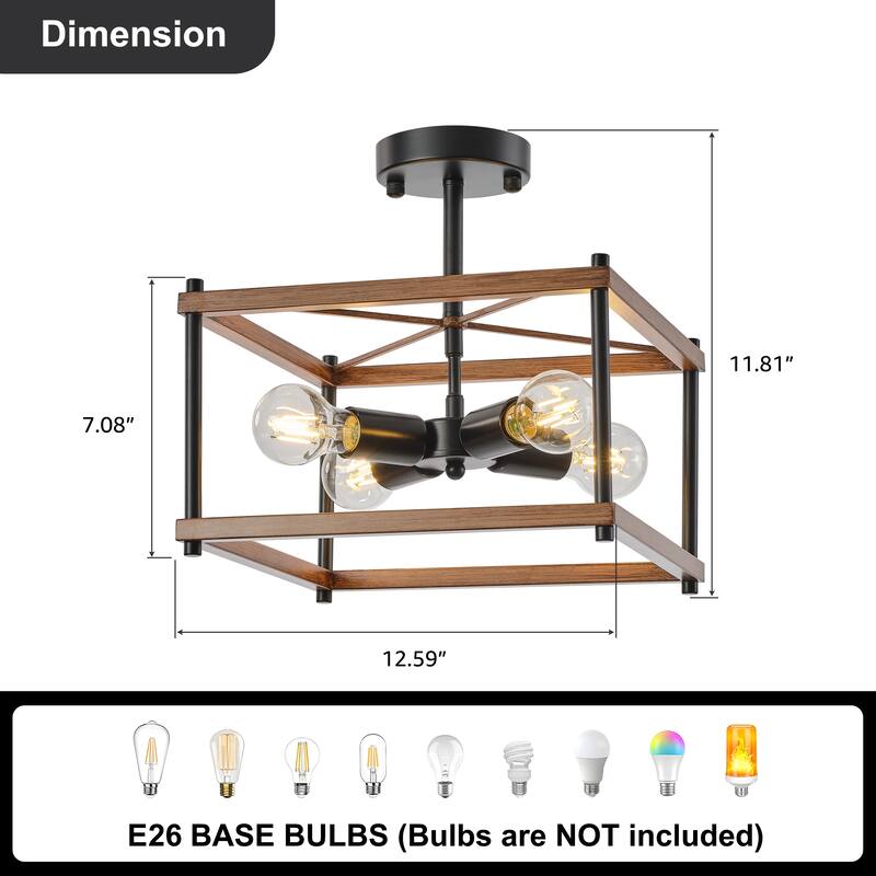 Starsky 4-Light Faux Wood Rectangle Semi Flush Mount - Black