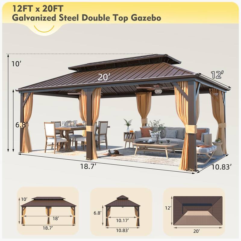 Erommy Hardtop Gazebo with Galvanized Steel Double Roof & Aluminum Frame, Outdoor Gazebo with Curtains and Nettings