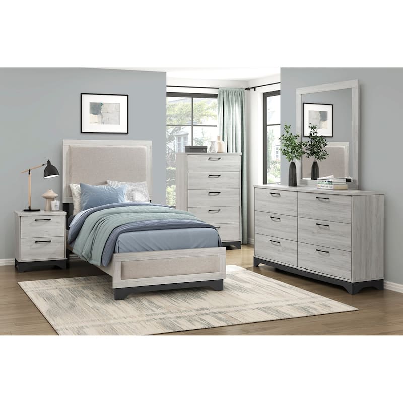 White Oak and Gray Finish Bedroom Furniture Sets Modern Upholstered Bed Nightstand Dresser Mirror Chest - Twin - 5 Piece