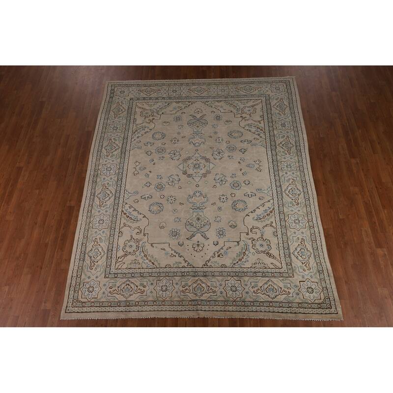 Vegetable Dye Oushak Turkish Rug Handmade Beige Floral Wool Carpet - 7'10"x 9'6"