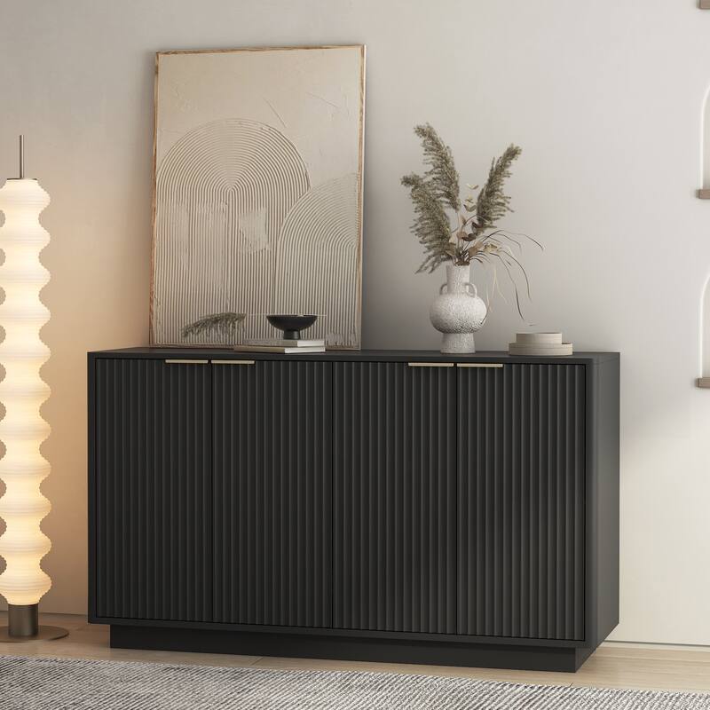 Fluted Buffet Cabinet with 4 Doors, Large Capacity Wood Wine Bar Storage Cabinet, Console Table with Adjustable Shelves