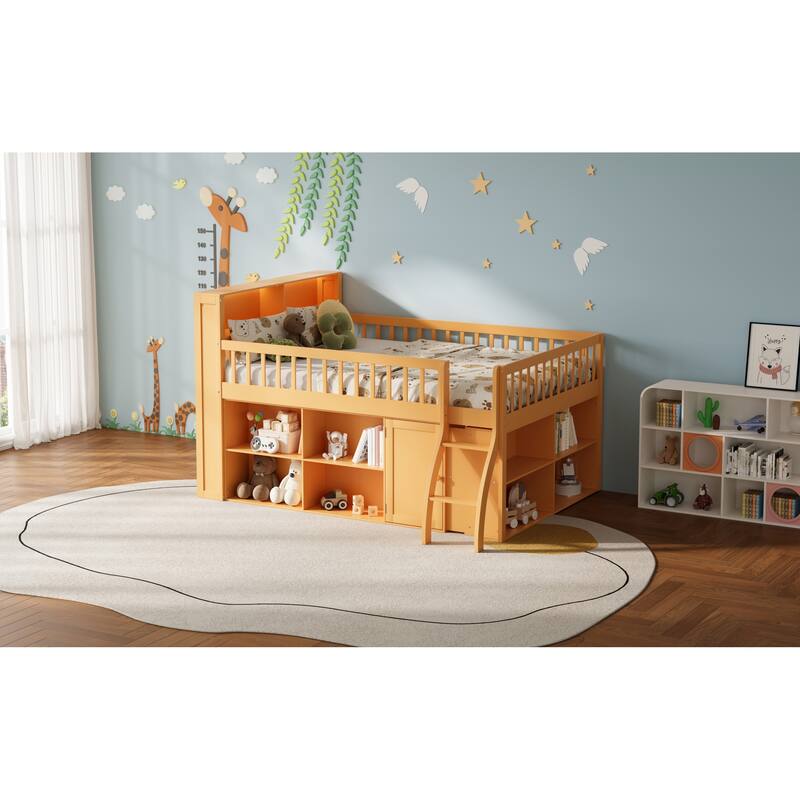 Roomfitters Full/Queen Loft Bed with Storage Shelves and LED Headboard