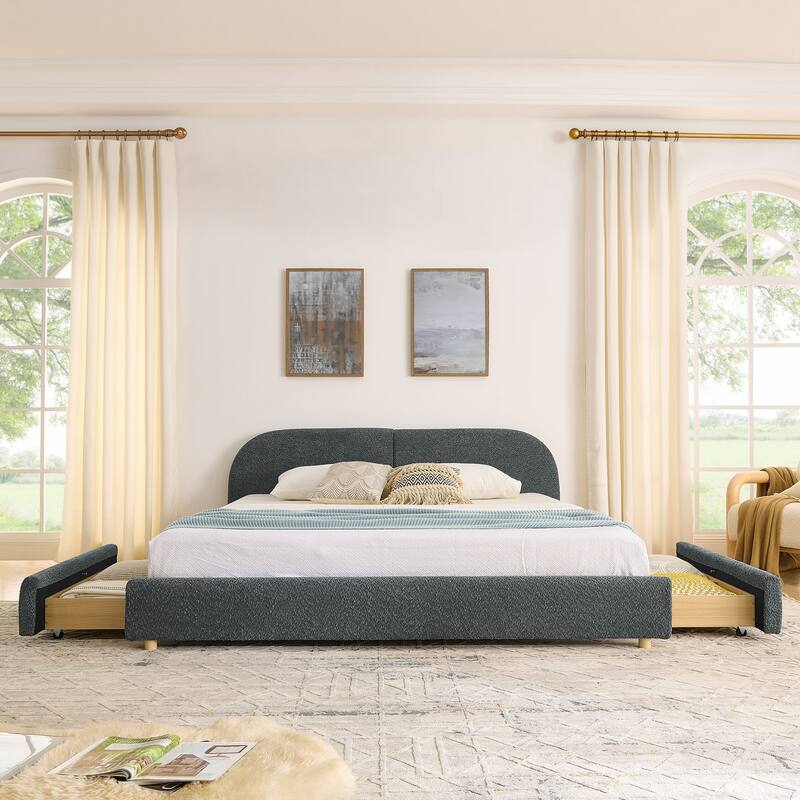 King Size Upholstered Bed Frame Modern Minimalist Style - Circle Yarn Fabric, Tall Curved Headboard