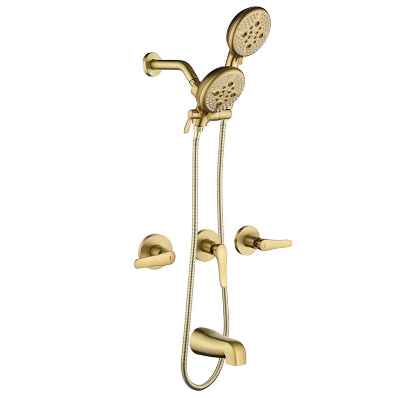 Wall Mounted Shower Faucet with Tub Spout, Complete Brushed Gold Dual Head Tub Shower System Wth Handheld Shower - Brushed Gold