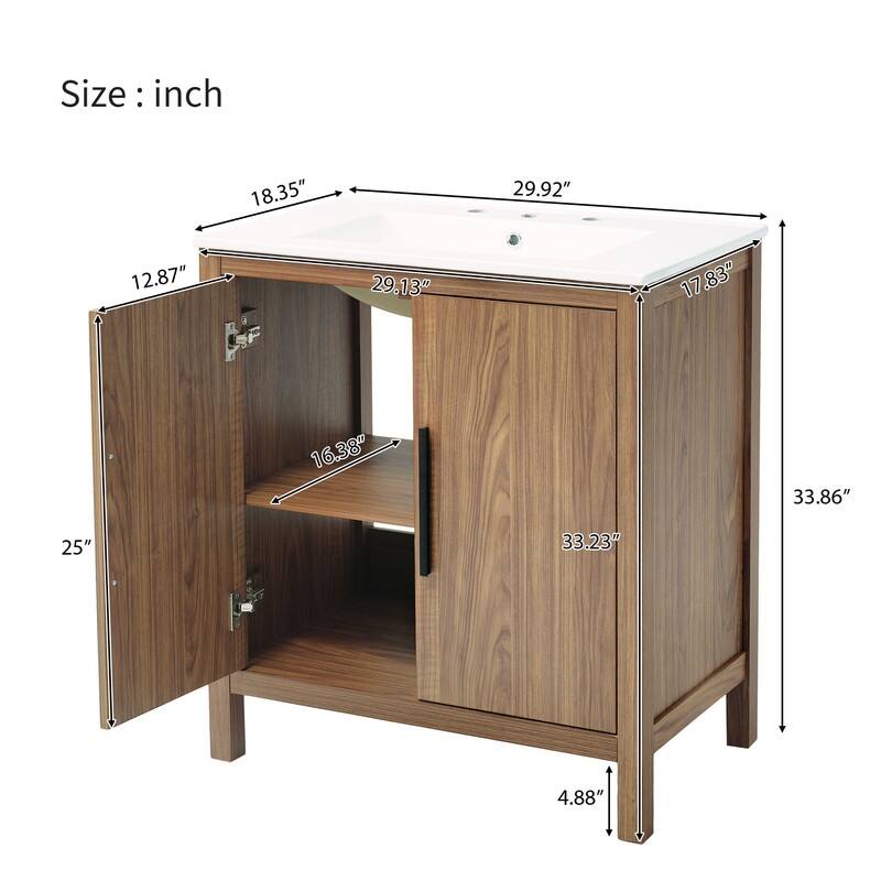 30" Wood Color Bathroom Vanity with Single Sink,Solid Wood Frame