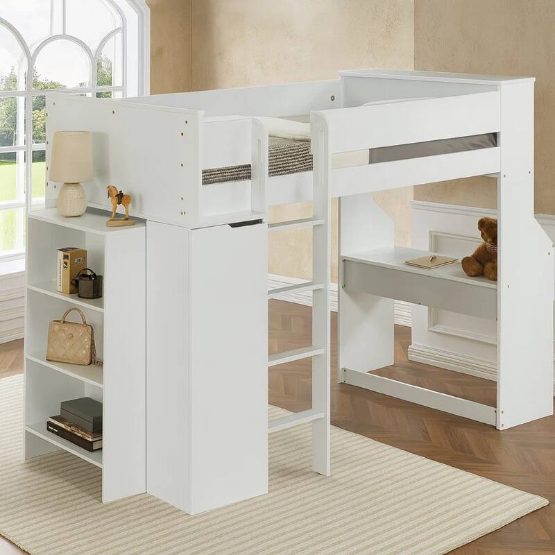 Wooden Twin Size Loft Bunk Bed with Workstation and Ladder, White