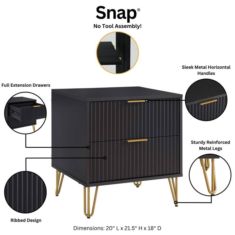 20-Inch Fluted Nightstand in Black with 2 Drawers, Gold Handles, and Splayed Legs