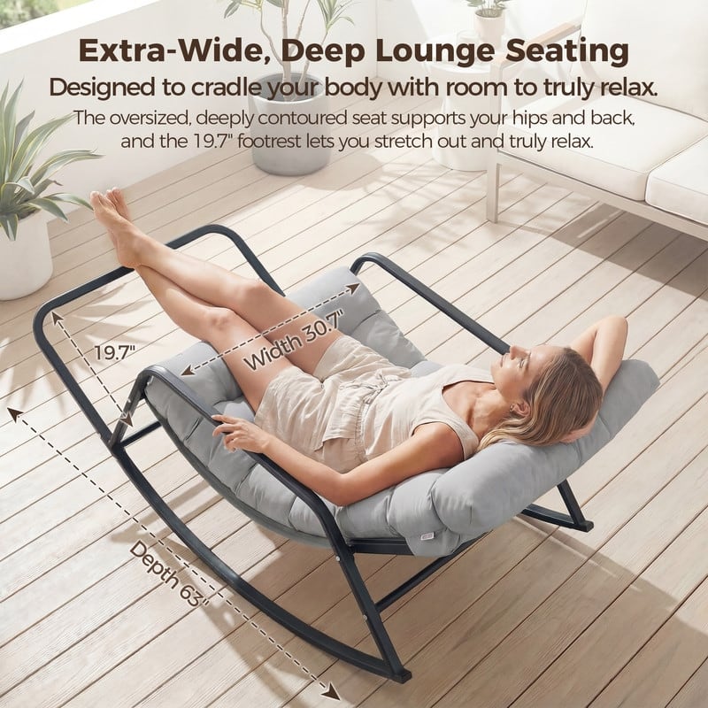 Oversized Outdoor Papasan Rocking Lounge Chair with Thick Cushion, Heavy-Duty Metal Patio Rocker Recliner, 450 lbs Capacity