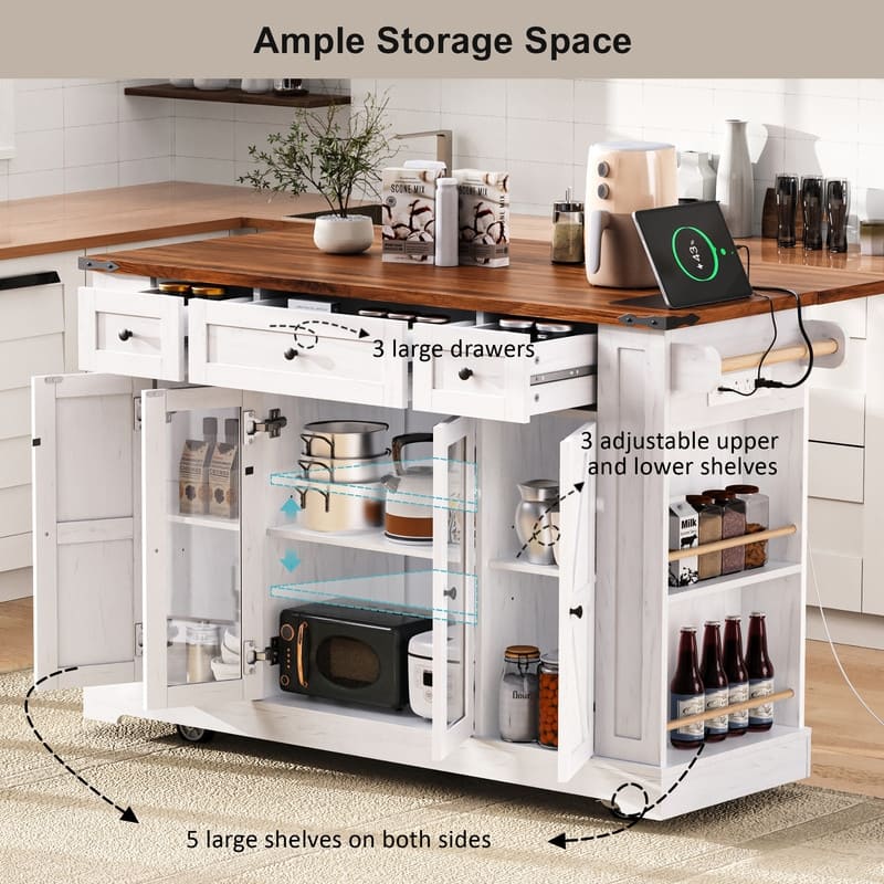 Farmhouse 53" Rolling Kitchen Cart on Wheels with Drop Leaf and Built-in Power Outlet