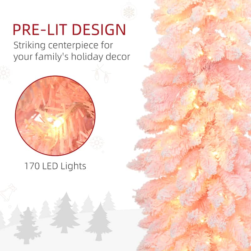 HOMCOM 6ft Tall Pencil Prelit Artificial Christmas Tree Holiday Décor with 703 Snow Flocked Branches, Pink