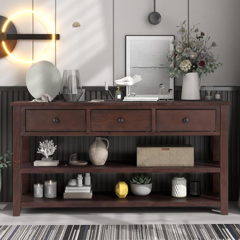 Solid Wood Narrow Entryway Table Console Table with 3 Drawers & 2-Tiers Bottom Storage Shelves, Long Sofa Table for Living Room - Espresso