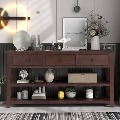Solid Wood Narrow Entryway Table Console Table with 3 Drawers & 2-Tiers Bottom Storage Shelves, Long Sofa Table for Living Room