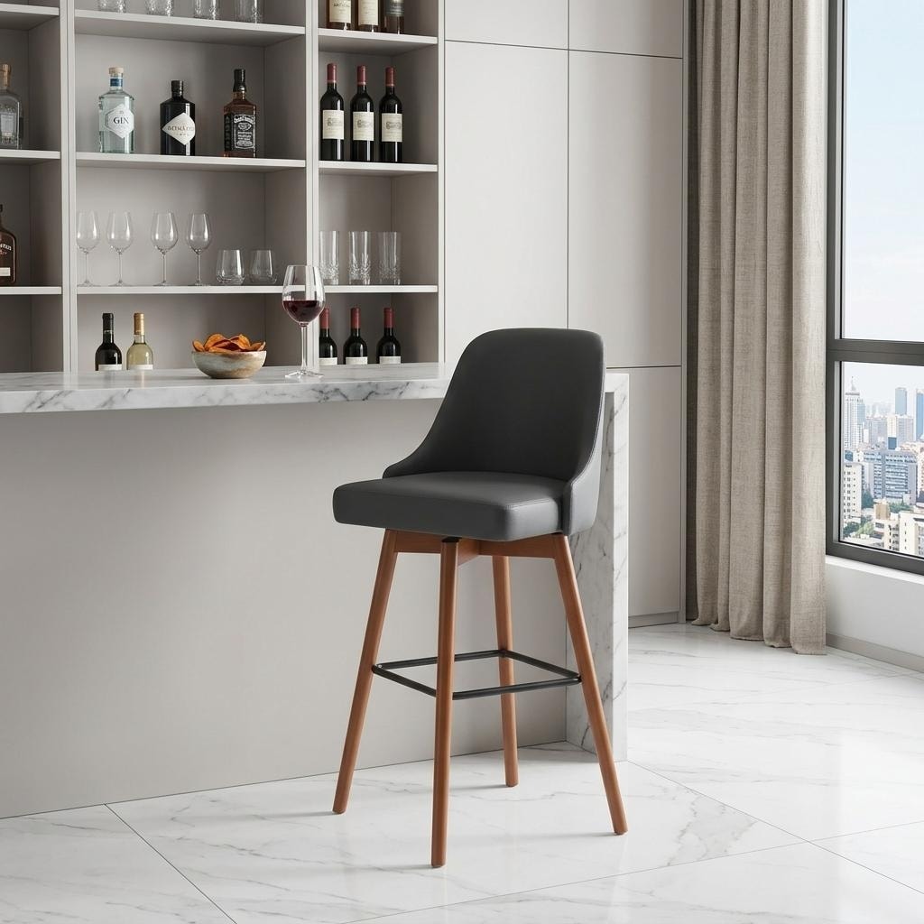 HomeRoots 30" Gray and Wood Brown Faux Leather with Solid Wood Swivel Bar Height Bar Chair