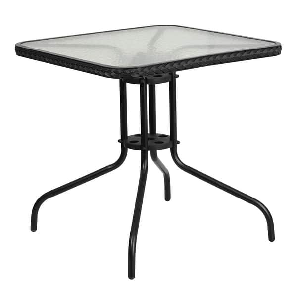 slide 2 of 3, Square Tempered Glass Indoor/Outdoor Bistro Table with Rattan Edging - 28"W x 28"D x 28"H 28"W x 28"D x 28"H - Clear Top/Black Rattan