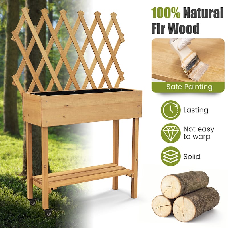 Costway Wood Raised Garden Bed with Trellis Storage Shelf Wheels Liner - See Details
