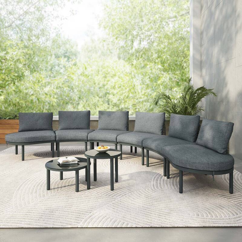 6/8-Piece Half Moon PE Wicker Patio Sectional Set with Dual Coffee Tables - Gray - 8 PCS
